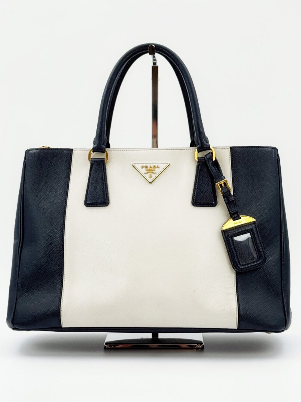 PRADA Galleria Saffiano Lux Leather Black White Large Tote Shoulder Bag 2Way